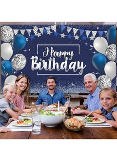 Tatuo Happy Birthday Decorations Backdrop Glitter Birthday Backdrop Sign Happy Birthday Banner Birthday Party Supplies Photo Background For Children Men Women 72.8 X 43.3 Inch (Silver And Navy Blue)  - Image 5