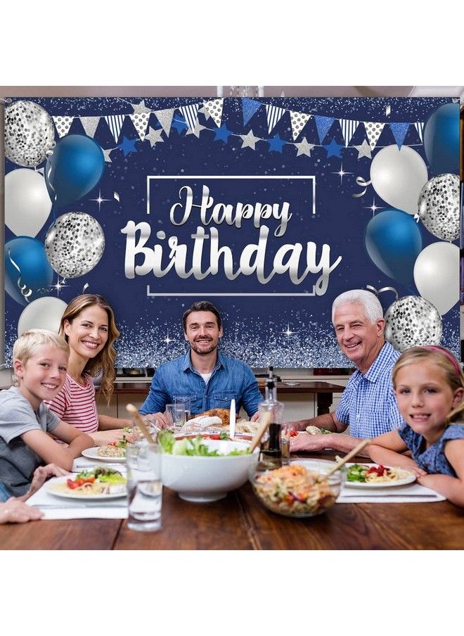 Tatuo Happy Birthday Decorations Backdrop Glitter Birthday Backdrop Sign Happy Birthday Banner Birthday Party Supplies Photo Background For Children Men Women 72.8 X 43.3 Inch (Silver And Navy Blue)  - Image 5