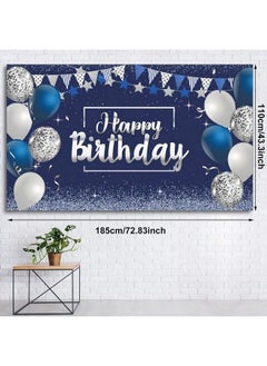 Tatuo Happy Birthday Decorations Backdrop Glitter Birthday Backdrop Sign Happy Birthday Banner Birthday Party Supplies Photo Background For Children Men Women 72.8 X 43.3 Inch (Silver And Navy Blue)  - Image 3