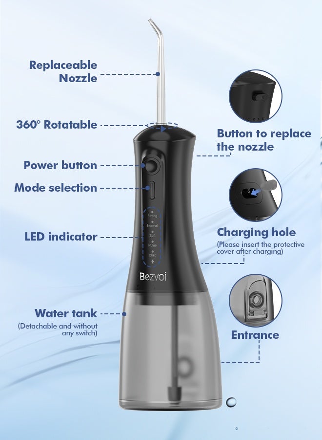 Bezvoi Portable Water Flosser – Cordless, 5 Modes, 300ML, IPX7 Waterproof, Rechargeable Oral Irrigator with 6 Tips for Teeth Cleaning - Image 2