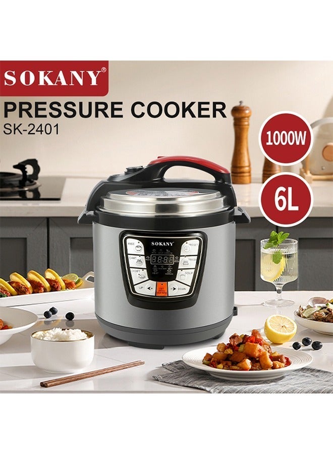 sokany Electric  Pressure Cooker,Multi-Function Cooking,Rice Cooker,Steamer and Food Warmer, 9 Smart Presets,Delay Timer,6L 1000W SK-2401 Silver/Black - Image 3