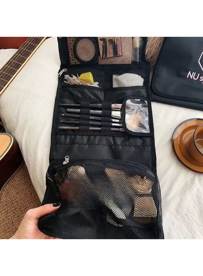Black Large Capacity Cosmetic Organizer Bag Foldable Travel Makeup Pouch With Multiple Compartments Portable Toiletry Storage For Women Sleek Design For Daily Use Or Trips Minimalist Design Zipper Closure - Image 3