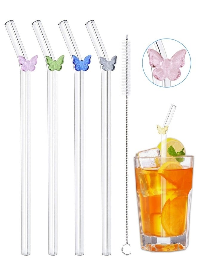 Happy Home Pack of 5 Reusable Butterfly Glass Straws with Cleaning Brush Suitable for Various Cold and Hot Drinks Curved Drinking Straw for Lemonade, Juice, Smoothie, Milk - Image 1