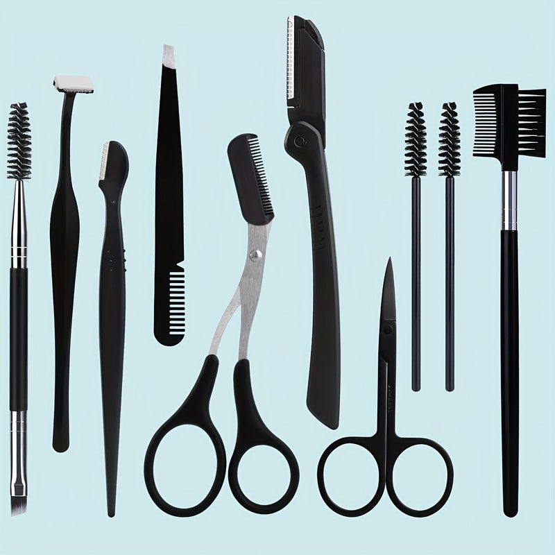 Stainless Steel 10pcs Eyebrow Trimming Tool Set With Scissors Razor Tweezers Comb - Image 1