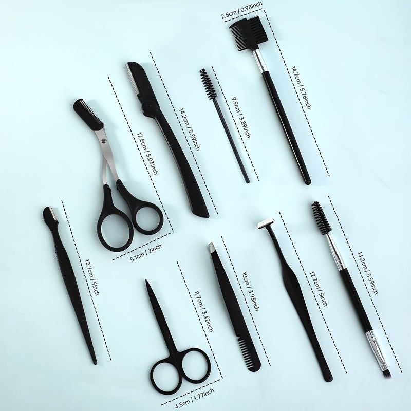 Stainless Steel 10pcs Eyebrow Trimming Tool Set With Scissors Razor Tweezers Comb - Image 4