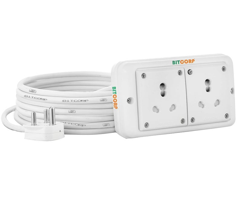 Bitcorp Extension Board 15A 16A 20A Muti Pin 2 Socket 2500W with Surge Protector 2 Meter Long Cable Cord for Multiple Heavy Duty Home Kitchen Office Outdoor Indoor Appliances White - Image 1