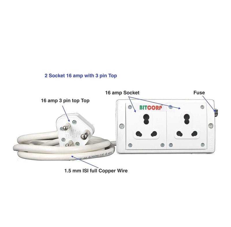 Bitcorp Extension Board 15A 16A 20A Muti Pin 2 Socket 2500W with Surge Protector 2 Meter Long Cable Cord for Multiple Heavy Duty Home Kitchen Office Outdoor Indoor Appliances White - Image 3