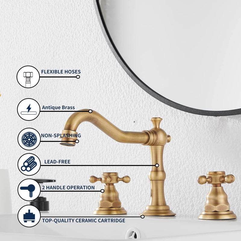 GGStudy 8 inch 2 Handles 3 Holes Widespread Bathroom Sink Faucet Antique Brass Bathroom Vanity Faucet Basin Mixer Tap Faucet Matching Metal Pop Up Drain with Overflow - Image 5