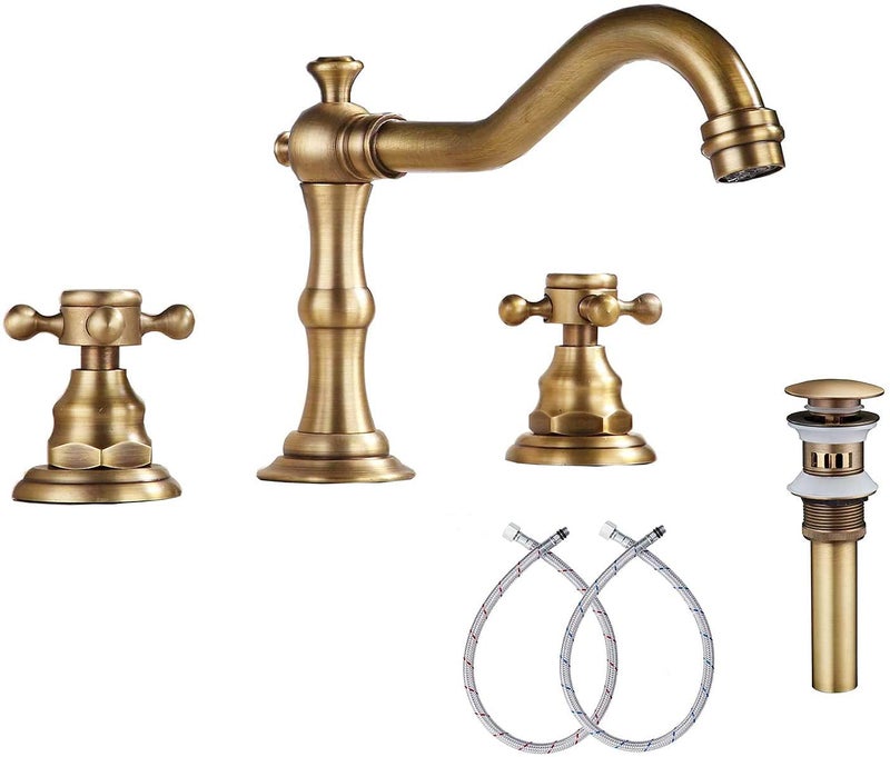 GGStudy 8 inch 2 Handles 3 Holes Widespread Bathroom Sink Faucet Antique Brass Bathroom Vanity Faucet Basin Mixer Tap Faucet Matching Metal Pop Up Drain with Overflow - Image 1