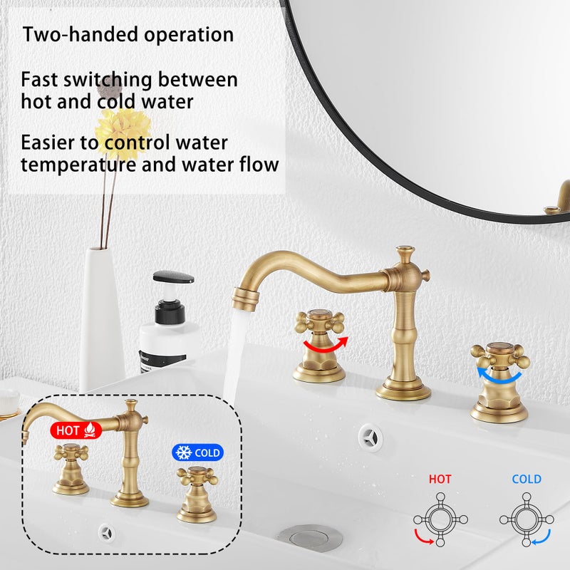 GGStudy 8 inch 2 Handles 3 Holes Widespread Bathroom Sink Faucet Antique Brass Bathroom Vanity Faucet Basin Mixer Tap Faucet Matching Metal Pop Up Drain with Overflow - Image 3