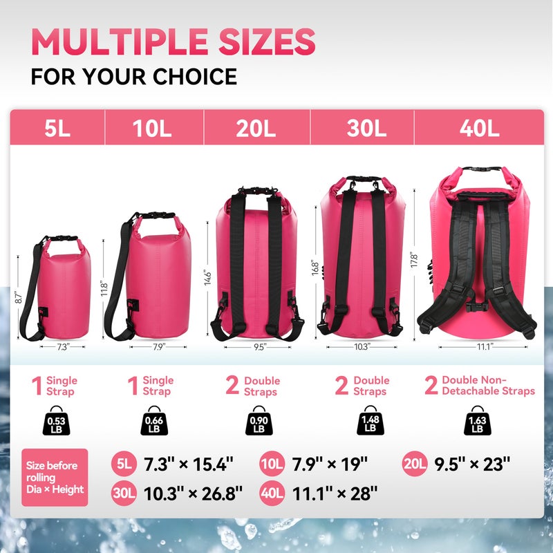 MARCHWAY Floating Waterproof Dry Bag Backpack 5L/10L/20L/30L/40L, Roll Top Sack Keeps Gear Dry for Kayaking, Rafting, Boating, Swimming, Camping, Hiking, Beach, Fishing (Pink, 10L) - Image 3