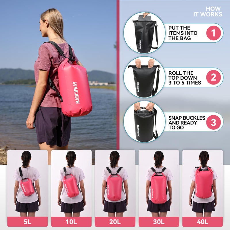 MARCHWAY Floating Waterproof Dry Bag Backpack 5L/10L/20L/30L/40L, Roll Top Sack Keeps Gear Dry for Kayaking, Rafting, Boating, Swimming, Camping, Hiking, Beach, Fishing (Pink, 10L) - Image 4