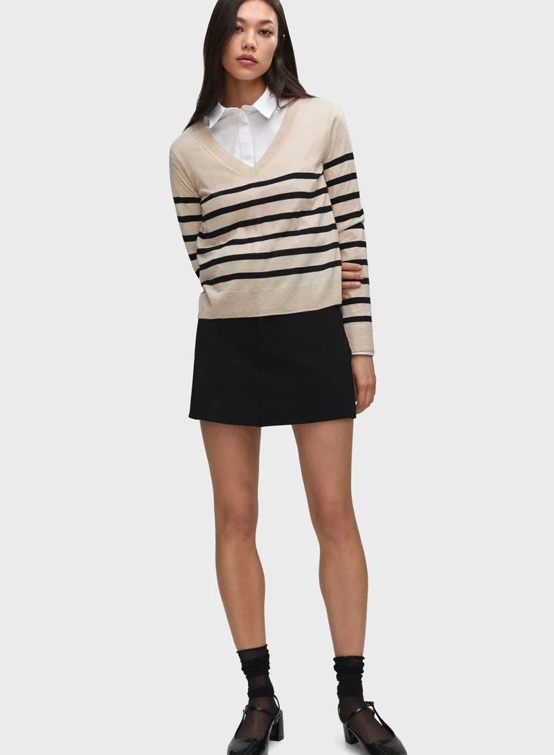 MANGO Striped V-Neck Sweater