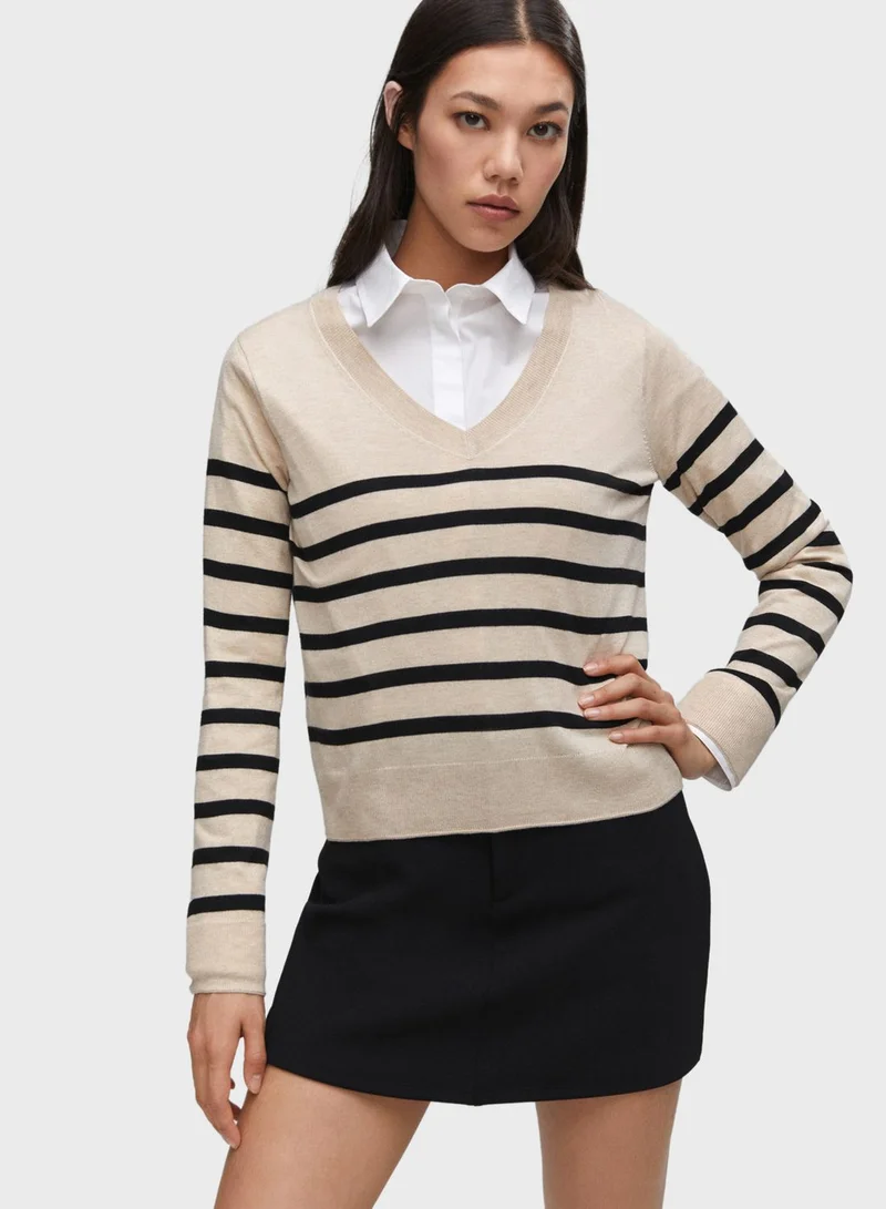 MANGO Striped V-Neck Sweater