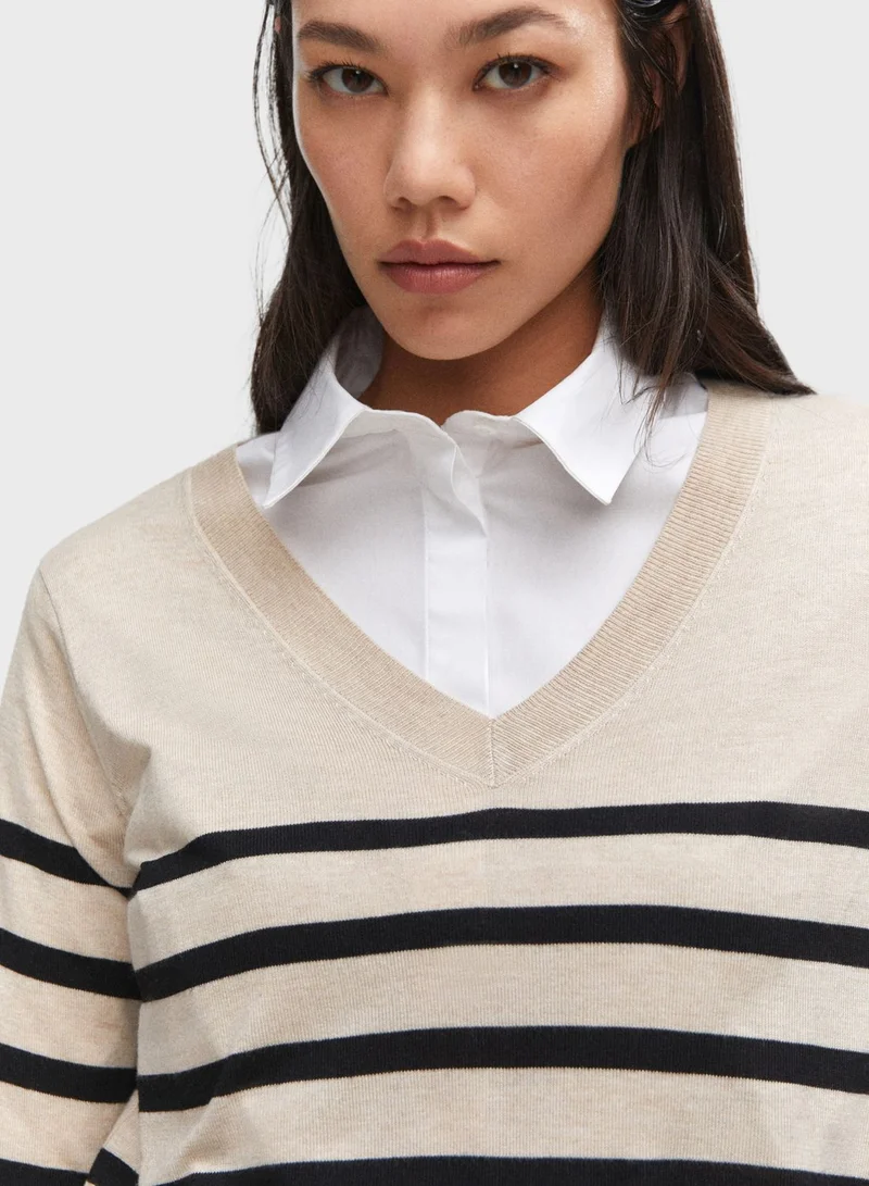 MANGO Striped V-Neck Sweater