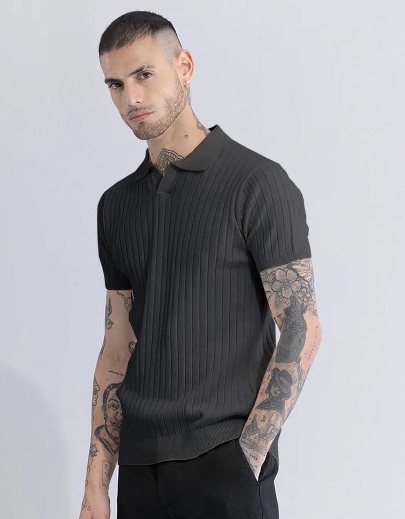 Veirdo® Men’s Casual Ribbed Polo Collar Knit T-Shirt | Slim Fit Short Sleeve Polo for Men | Flat Knit Textured T-Shirt Perfect for Office, Party, Travel (Polo_FK8_DG_S) Dark Grey - Image 5