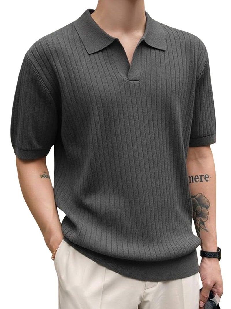 Veirdo® Men’s Casual Ribbed Polo Collar Knit T-Shirt | Slim Fit Short Sleeve Polo for Men | Flat Knit Textured T-Shirt Perfect for Office, Party, Travel (Polo_FK8_DG_S) Dark Grey - Image 1