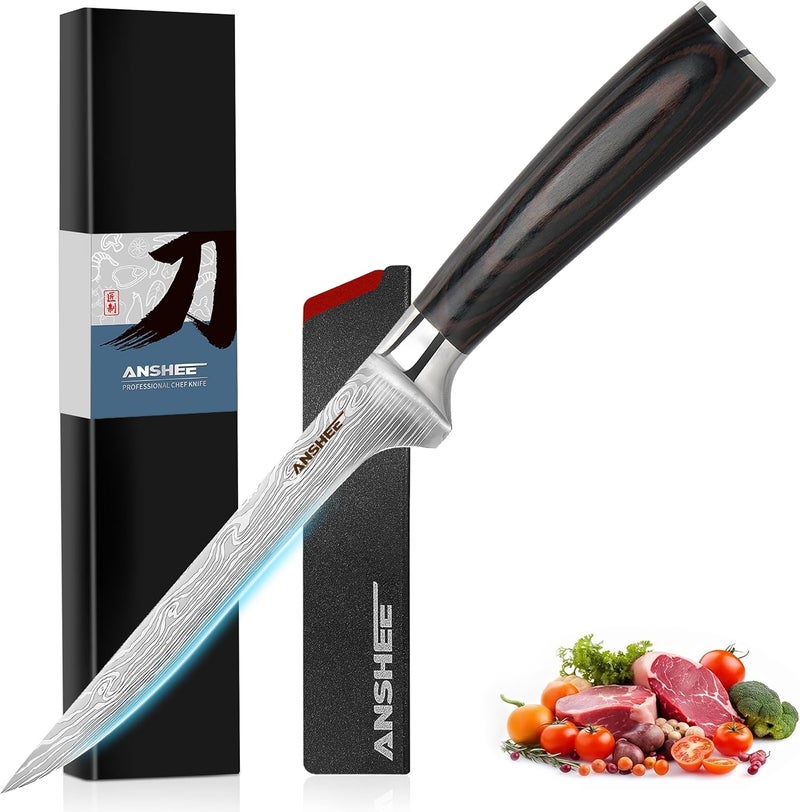 anshee 6 Inch Boning Knife - High Carbon Stainless Steel Sharp Fillet & Trimming Knife, Multipurpose Wood Handle Blade with Sheath & Gift Box for Meat, Fish & Deboning (Home & Restaurant Use) - Image 1
