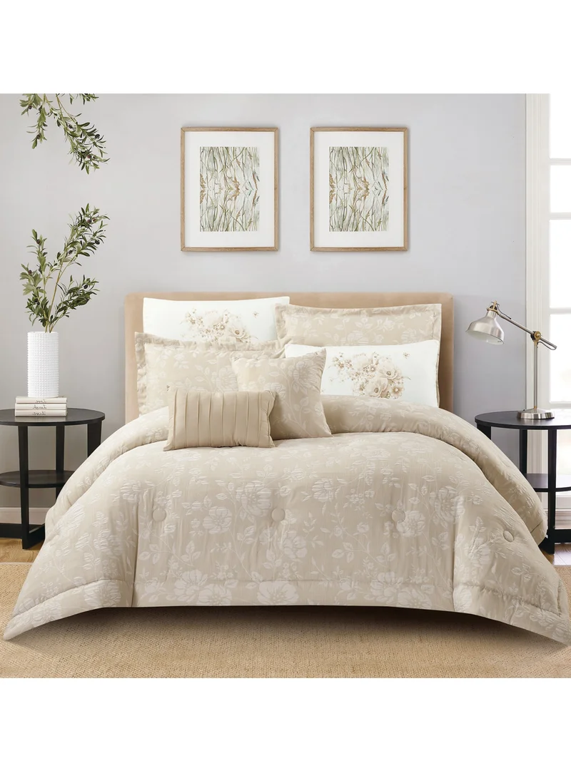 Donetella Bedding Comforter Set 8-Pcs King Size Solid Yarn Dyed Bed Set Fits (200x200 Cm) All Season 350GSM Feather Silk Fill, Linen