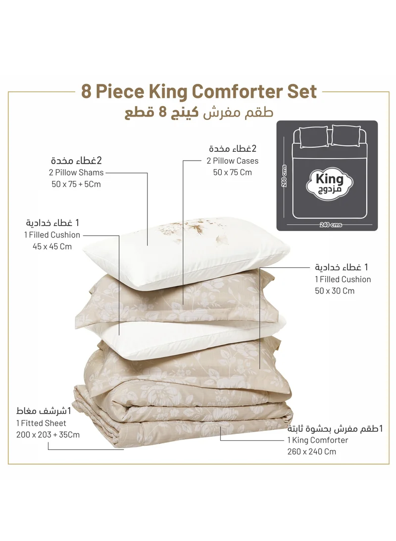Donetella Bedding Comforter Set 8-Pcs King Size Solid Yarn Dyed Bed Set Fits (200x200 Cm) All Season 350GSM Feather Silk Fill, Linen
