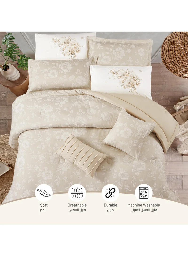 Donetella Bedding Comforter Set 8-Pcs King Size Solid Yarn Dyed Bed Set Fits (200x200 Cm) All Season 350GSM Feather Silk Fill, Linen