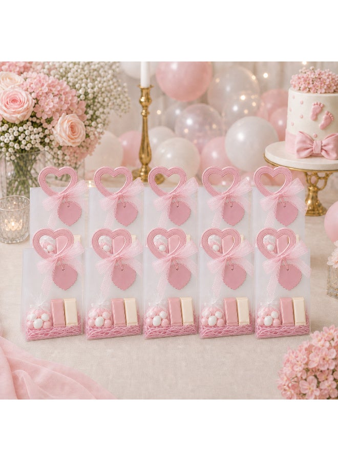 KeyAmor 10 Piece Transparent Matte Gift Bags Set with Heart Shape Pink Leather Handles Ribbon Tags Rope and Raffia Grass 16 x 8 x 18.5 cm - Image 4
