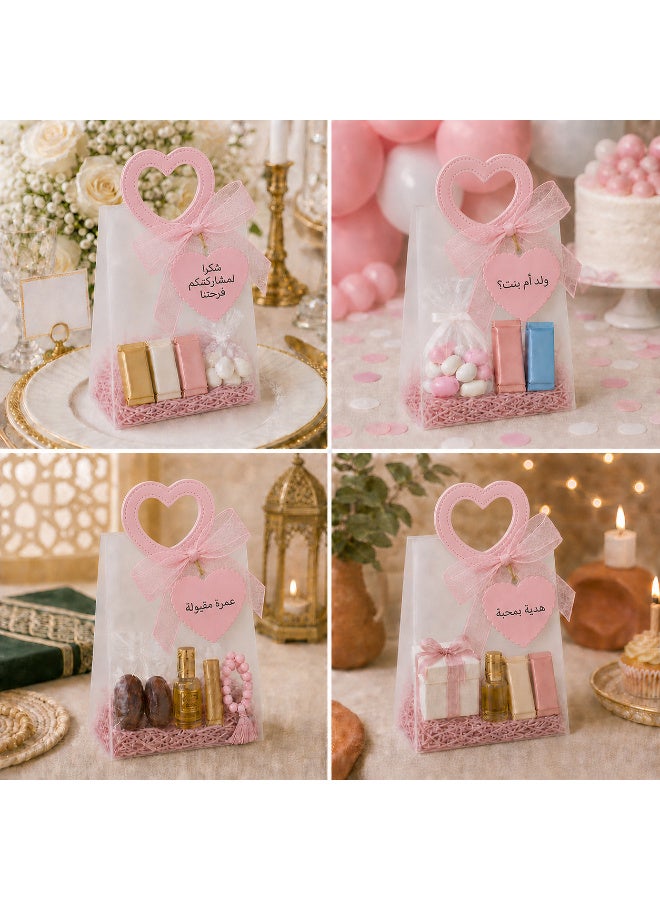 KeyAmor 10 Piece Transparent Matte Gift Bags Set with Heart Shape Pink Leather Handles Ribbon Tags Rope and Raffia Grass 16 x 8 x 18.5 cm - Image 3