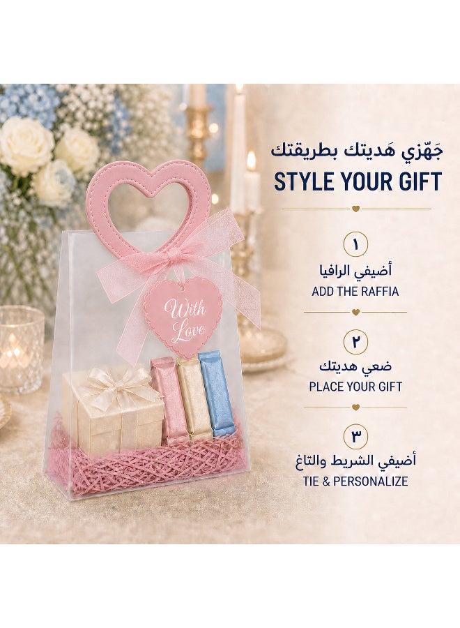 KeyAmor 10 Piece Transparent Matte Gift Bags Set with Heart Shape Pink Leather Handles Ribbon Tags Rope and Raffia Grass 16 x 8 x 18.5 cm - Image 5