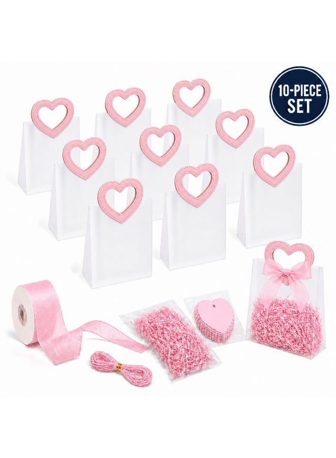 KeyAmor 10 Piece Transparent Matte Gift Bags Set with Heart Shape Pink Leather Handles Ribbon Tags Rope and Raffia Grass 16 x 8 x 18.5 cm - Image 1