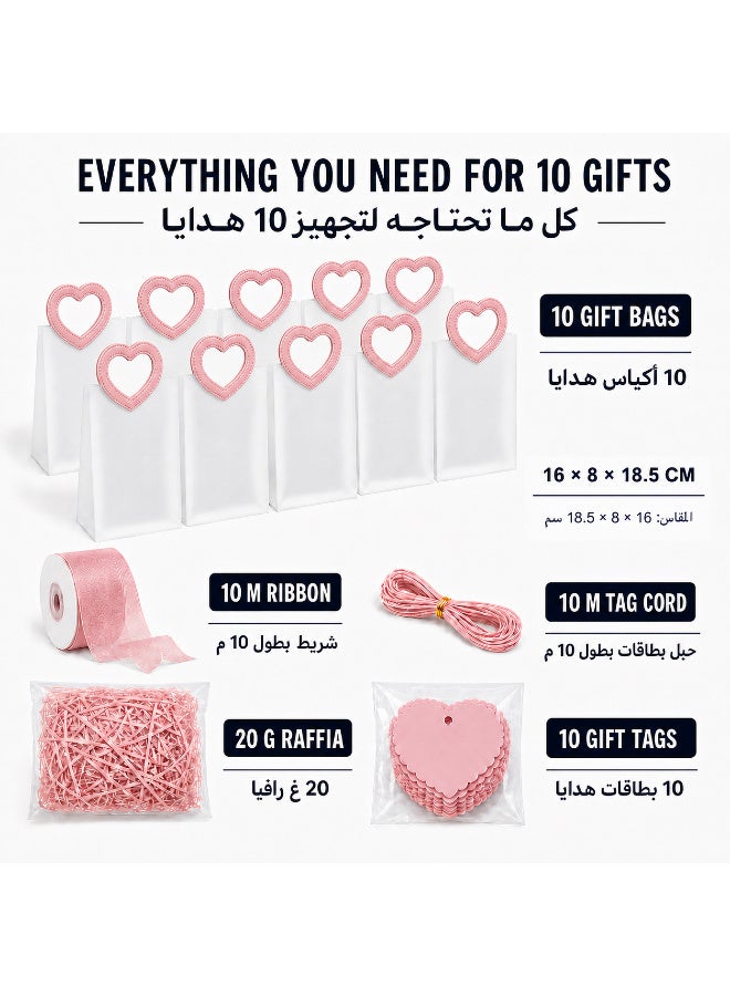 KeyAmor 10 Piece Transparent Matte Gift Bags Set with Heart Shape Pink Leather Handles Ribbon Tags Rope and Raffia Grass 16 x 8 x 18.5 cm - Image 2