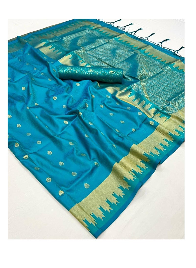 Grab Mantra - Traditional Silk Turquoise Blue Saree With Golden Design And Border Plus Unstitched Blouse - Image 1