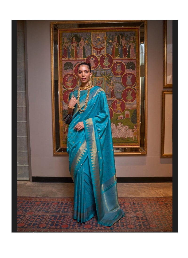 Grab Mantra - Traditional Silk Turquoise Blue Saree With Golden Design And Border Plus Unstitched Blouse - Image 1
