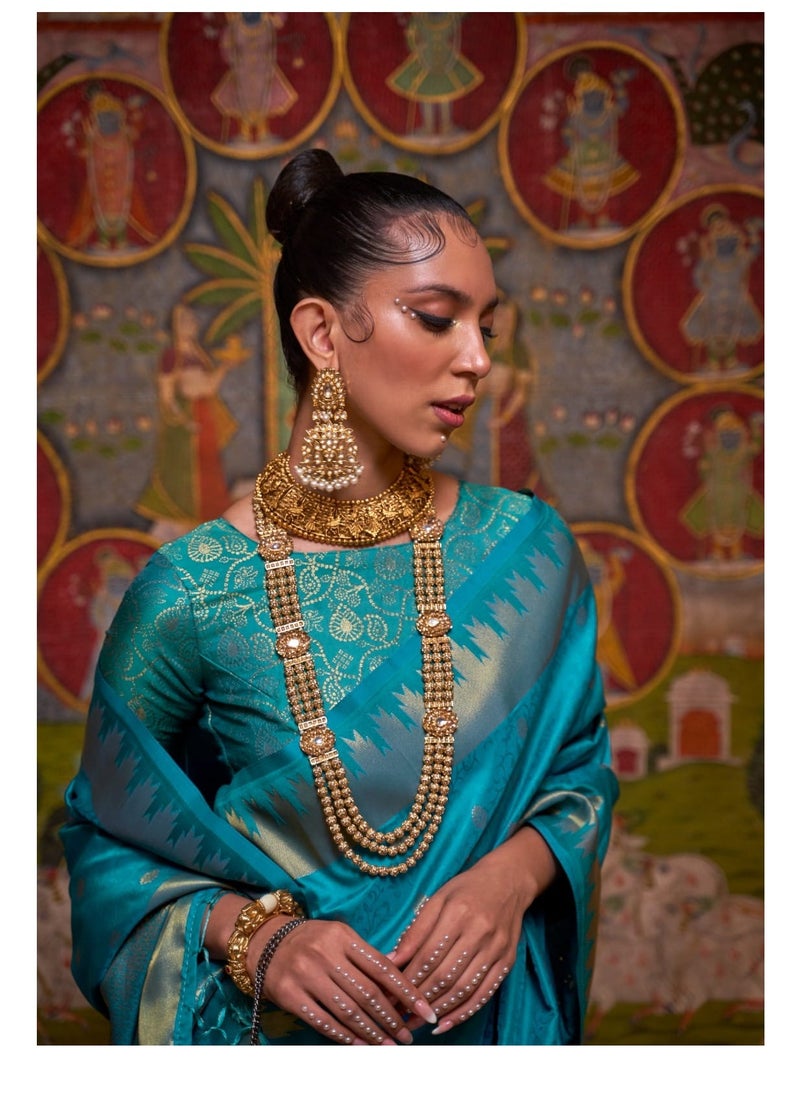 Grab Mantra - Traditional Silk Turquoise Blue Saree With Golden Design And Border Plus Unstitched Blouse - Image 1