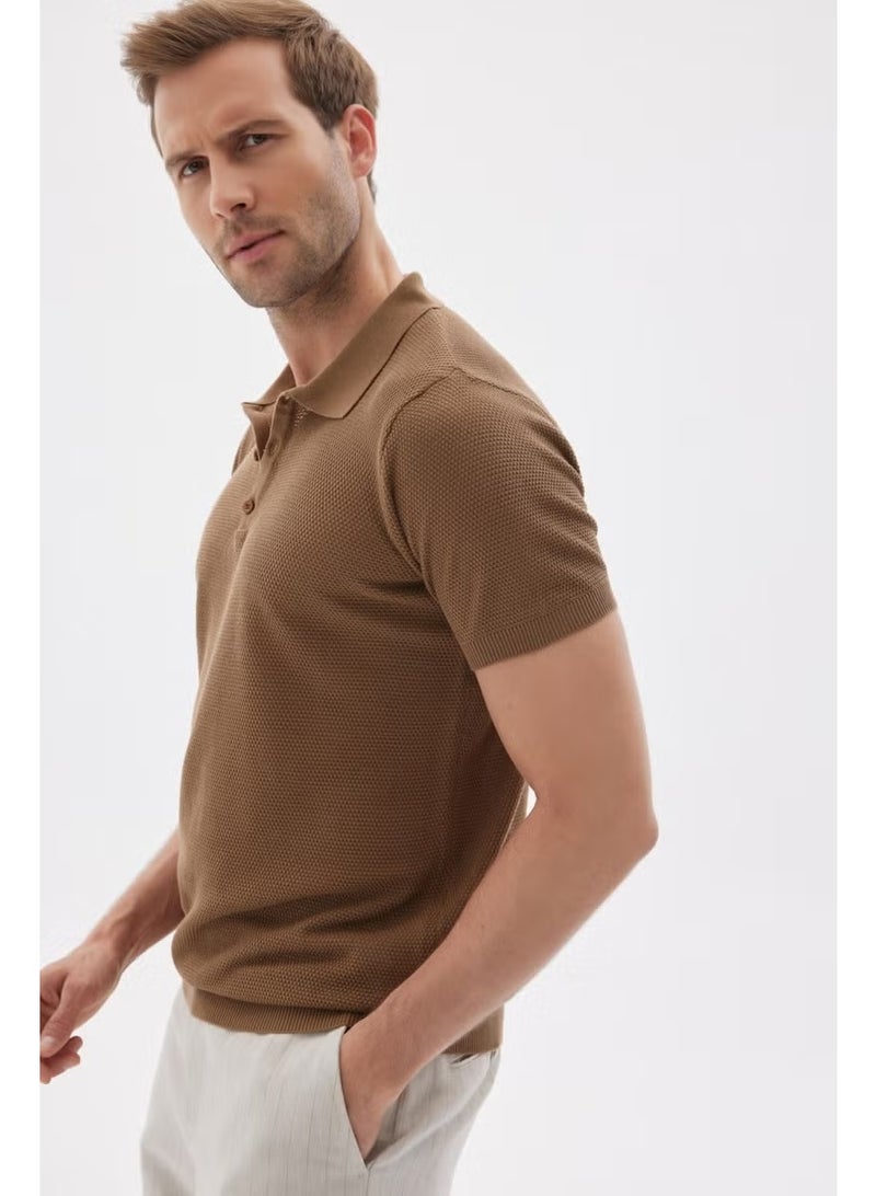 Odelon Men's Polo Neck Jacquard Knitwear T-Shirt Brown - Image 5