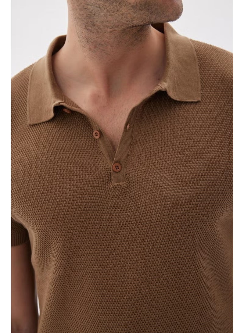 Odelon Men's Polo Neck Jacquard Knitwear T-Shirt Brown - Image 3