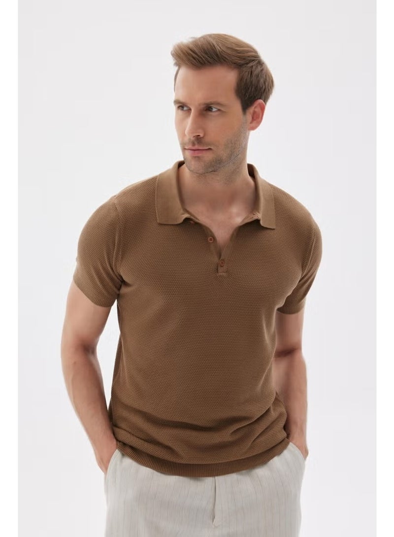 Odelon Men's Polo Neck Jacquard Knitwear T-Shirt Brown - Image 1