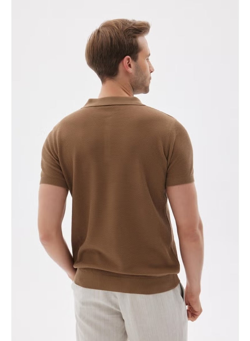 Odelon Men's Polo Neck Jacquard Knitwear T-Shirt Brown - Image 4