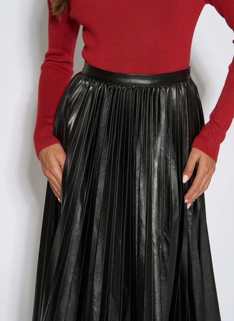 Gini London  Black Pleated Faux Leather Midi Skirt for Women | Best Price UAE