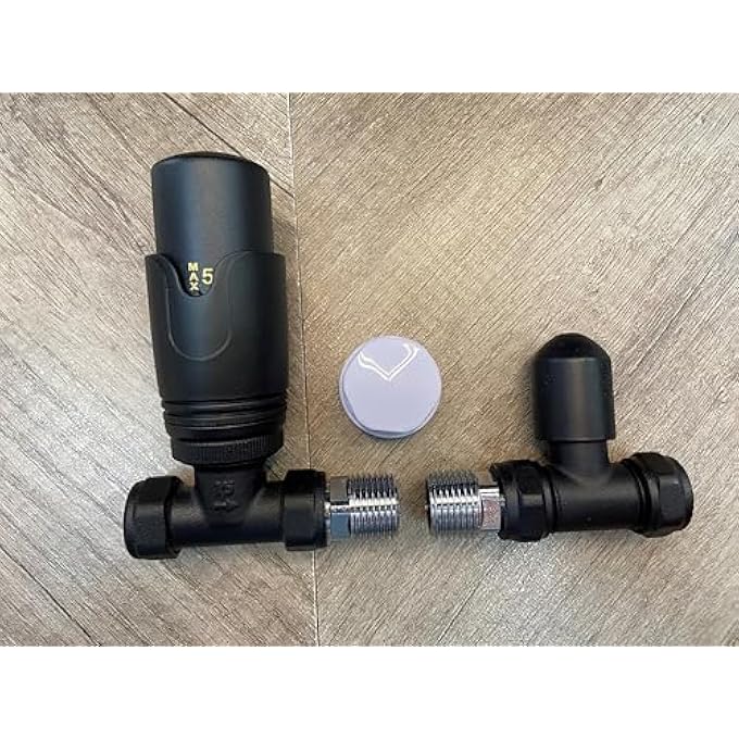MATT BLACK STRAIGHT TOWEL RAIL THERMOSTATIC RADIATOR VALVES TRV & LOCKSHIELD PACK SET PAIR TC-TRVSB - Image 3