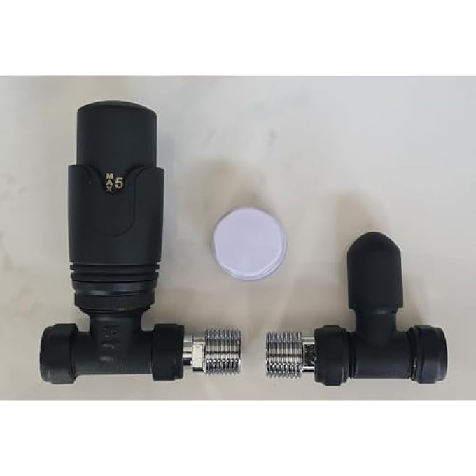 MATT BLACK STRAIGHT TOWEL RAIL THERMOSTATIC RADIATOR VALVES TRV & LOCKSHIELD PACK SET PAIR TC-TRVSB - Image 2