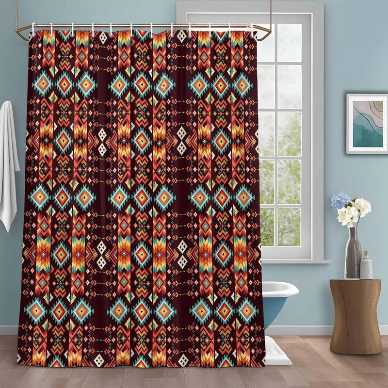 Southwestern Geometric Shower Curtain with 12 Hooks Ethnic Argyle Stripe Brown Teal Farm Waterproof Fabric Shower Curtains Sets for Bathroom Bath Decorations, Machine Washable, 48"x72" - Image 1