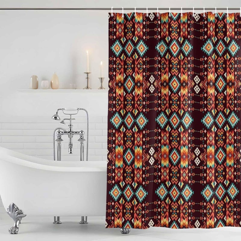 Southwestern Geometric Shower Curtain with 12 Hooks Ethnic Argyle Stripe Brown Teal Farm Waterproof Fabric Shower Curtains Sets for Bathroom Bath Decorations, Machine Washable, 48"x72" - Image 5