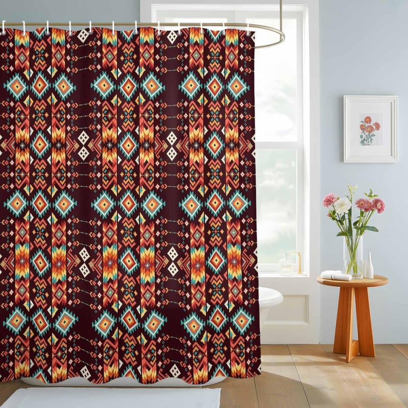 Southwestern Geometric Shower Curtain with 12 Hooks Ethnic Argyle Stripe Brown Teal Farm Waterproof Fabric Shower Curtains Sets for Bathroom Bath Decorations, Machine Washable, 48"x72" - Image 3