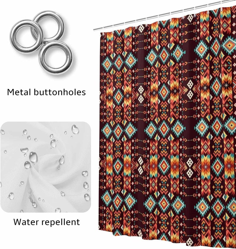 Southwestern Geometric Shower Curtain with 12 Hooks Ethnic Argyle Stripe Brown Teal Farm Waterproof Fabric Shower Curtains Sets for Bathroom Bath Decorations, Machine Washable, 48"x72" - Image 4
