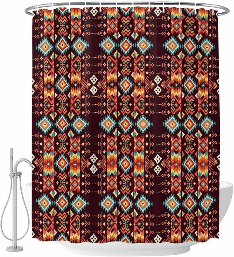 Southwestern Geometric Shower Curtain with 12 Hooks Ethnic Argyle Stripe Brown Teal Farm Waterproof Fabric Shower Curtains Sets for Bathroom Bath Decorations, Machine Washable, 48"x72" - Image 2