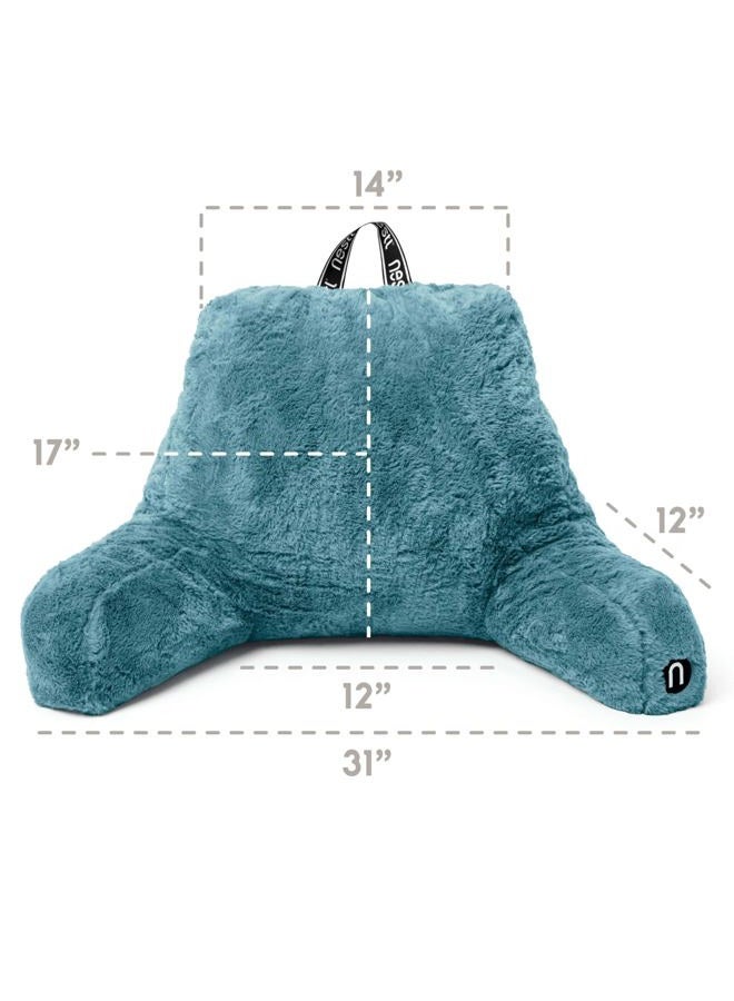 Nestl Fur Reading Pillow, Stylish Back Pillow for Bed Sitting Up, Faux Fur Bed Chair Pillow with Arms, Reading Pillows for Sitting in Bed Adult & Kids, Back Support Pillow for Bed Rest - Stone Blue - Image 3