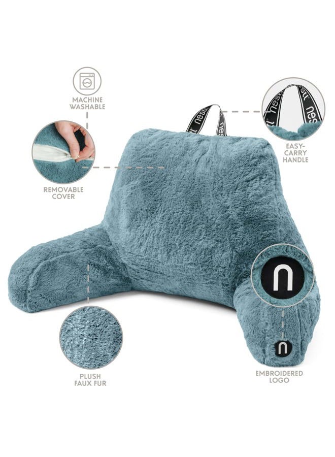 Nestl Fur Reading Pillow, Stylish Back Pillow for Bed Sitting Up, Faux Fur Bed Chair Pillow with Arms, Reading Pillows for Sitting in Bed Adult & Kids, Back Support Pillow for Bed Rest - Stone Blue - Image 4