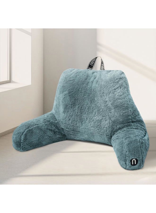 Nestl Fur Reading Pillow, Stylish Back Pillow for Bed Sitting Up, Faux Fur Bed Chair Pillow with Arms, Reading Pillows for Sitting in Bed Adult & Kids, Back Support Pillow for Bed Rest - Stone Blue - Image 1