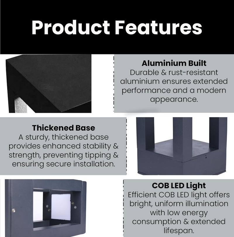 GIGAWATTS SURANS PP Outdoor Gate Light – 12W Integrated Light 101% Rust & Waterproof Die-Casting Aluminium Piller Lamp Base Mount Grey Exterior Fixture for Garden, Boundary & Home Entrance - Image 3