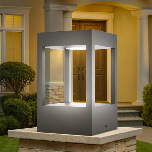 GIGAWATTS SURANS PP Outdoor Gate Light – 12W Integrated Light 101% Rust & Waterproof Die-Casting Aluminium Piller Lamp Base Mount Grey Exterior Fixture for Garden, Boundary & Home Entrance - Image 1